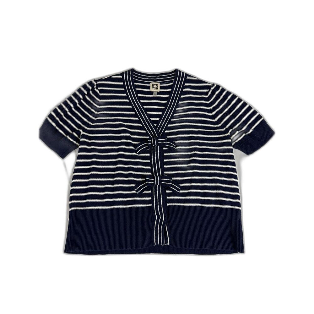 Anne Klein Women's M Navy White Striped Short Sleeve Bow Front Knit Cardigan
